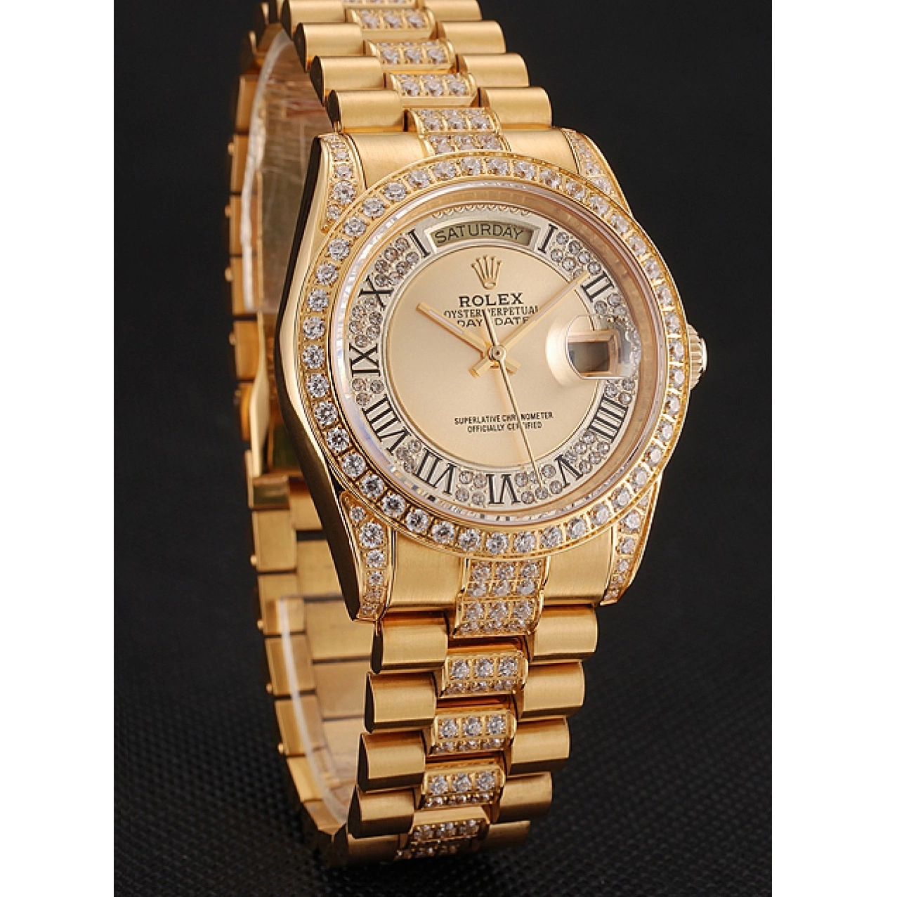 AAA Replica Watches Dial Gold Bracelet Diamond Gold Diamond Pave Swiss 1453954 Rolex Day-Date 0724
